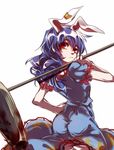  ambiguous_red_liquid animal_ears ass blue_dress blue_hair bunny_ears commentary_request cowboy_shot crescent dress ear_clip hand_on_hip highres kine long_hair looking_at_viewer looking_back mallet over_shoulder puffy_short_sleeves puffy_sleeves red_eyes seiran_(touhou) short_sleeves solo stain star touhou weapon weapon_over_shoulder white_background yudaoshan 