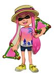  bike_shorts closed_eyes domino_mask fangs full_body hat holding inkling mask monster_girl open_mouth pink_hair pointy_ears shirt shoes smile sneakers solo splat_bomb_(splatoon) splatoon_(series) splatoon_1 squid t-shirt tentacle_hair tongue tongue_out viibean weapon 