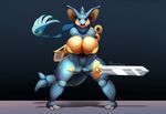  2016 anthro big_breasts breasts cleavage clothed clothing don_ko female honedge huge_breasts melee_weapon nidoqueen nintendo pok&eacute;mon solo sword video_games weapon 