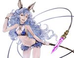  :d animal_ears arm_up ass_visible_through_thighs bare_shoulders bikini blue_hair bracelet breasts brown_eyes choker cowboy_shot earrings erune ferry_(granblue_fantasy) granblue_fantasy jewelry leaning_forward long_hair navel open_mouth redjuice simple_background small_breasts smile solo swimsuit video_crop whip white_background 