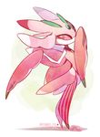  arm_covering_mouth arthropod blush buterfly_wings cute female flora_fauna insect invalid_color invalid_tag looking_at_viewer looking_back lurantis mantis nintendo pink_eyes plant pok&eacute;mon video_games white_mantis wings 