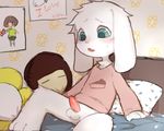  asriel_dreemurr balls bed bedding blanket blue_eyes blush bottomless caprine chara_(undertale) clothed clothing erection goat male mammal monster open_mouth penis pillow pinknuss plushie protagonist_(undertale) shirt sitting solo tapering_penis undertale video_games 