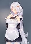  alternate_costume breasts enmaided girls_frontline grey_background hair_over_one_eye kishiyo large_breasts long_hair looking_at_viewer maid md5_mismatch pantyhose pk_(girls_frontline) ponytail red_eyes revision simple_background smile solo very_long_hair white_legwear 