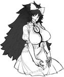  :d big_hair bow breasts covered_nipples curvy greyscale hair_bow happy huge_breasts long_hair looking_at_viewer messy_hair monochrome open_mouth reiuji_utsuho round_teeth smile solo space_jin teeth touhou very_long_hair wide_hips 