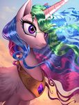 2016 cloud equine feathered_wings feathers female feral friendship_is_magic fur hair horn jewelry mammal multicolored_hair my_little_pony necklace outside portrait princess_celestia_(mlp) purple_eyes royalty shira-hedgie sky solo white_feathers white_fur winged_unicorn wings 