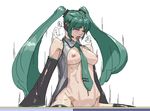  breasts closed_eyes detached_sleeves hatsune_miku implied_sex long_hair medium_breasts mokottsu nipples oekaki open_clothes open_mouth open_shirt shirt solo sweat thighhighs twintails vocaloid 