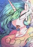  2016 anthro breasts clothed clothing digital_media_(artwork) drugs eyelashes female friendship_is_magic hair horn multicolored_hair my_little_pony open_mouth princess_celestia_(mlp) ridged_horn shirt skycrown solo teeth tongue white_eyes white_skin 