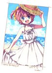  2016 :d arc_the_lad arc_the_lad_ii beach blue_eyes bow choko_(arc_the_lad) collarbone dated dress hair_bow happy_birthday hat izumi_kouyou looking_at_viewer open_mouth pink_hair short_hair side_ponytail signature smile solo straw_hat sun_hat sundress water white_dress yellow_bow 