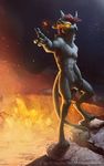  animal_genitalia balls demon fire glowing glowing_eyes horn male nude outstretched_hand sheath the_cherret_awaits 