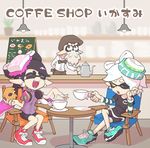  1boy 2girls alternate_costume aori_(splatoon) apron bike_shorts black_hair bow cafe ceiling_light closed_eyes commander_atarime commentary_request cup domino_mask doughnut earrings eating eyebrows fangs food food_on_head gradient_hair hair_bow hat headphones headphones_around_neck highres hotaru_(splatoon) jewelry long_hair mask mole mole_under_eye multicolored_hair multiple_girls object_on_head old_man one_eye_closed open_mouth pointy_ears purple_hair rippoutai short_hair silver_hair sitting smile splatoon_(series) splatoon_1 symbol-shaped_pupils tentacle_hair tentacles thick_eyebrows waist_apron 