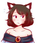  alternate_hair_length alternate_hairstyle animal_ears bare_shoulders brooch brown_hair collarbone dress fang imaizumi_kagerou jewelry looking_away maditsu off_shoulder red_eyes short_hair solo strapless strapless_dress touhou white_background wolf_ears worried 