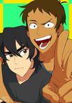  arm_around_shoulder black_hair brown_eyes brown_hair close-up dark_skin dark_skinned_male highres hyakujuu-ou_golion johnnybooboo keith_(voltron) lance_(voltron) looking_at_another male_focus multiple_boys sanpaku smile v voltron:_legendary_defender 