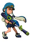  bike_shorts blue_hair domino_mask frown full_body gun hat hero_charger_(splatoon) inkling mask military_hat monster_girl pointy_ears rifle sailor serious shoes sneakers solo splatoon_(series) splatoon_1 suppressor tentacle_hair viibean weapon yellow_eyes 