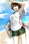  :d alternate_costume arm_up bag beach breasts brown_hair cloud day flipped_hair hair_between_eyes hairband headgear hiei_(kantai_collection) kantai_collection lansane medium_breasts open_mouth outdoors palm_tree sand shirt short_hair short_sleeves shorts sky smile solo tree water white_shirt 
