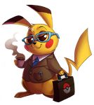  ambiguous_gender barefoot beverage black_nose bottomless clothed clothing coffee cup eyewear fur glasses half-closed_eyes hi_res necktie nintendo pikachu pok&eacute;mon semi-anthro shira-hedgie smile solo suit suitcase video_games yellow_fur 