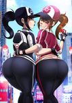 2girls ass backpack bag baseball_cap black_hair black_nails blue_eyes blush brown_hair choker city cityscape collar curvy dimples_of_venus earrings eyeshadow female_protagonist_(pokemon_go) fingerless_gloves freckles from_behind gloves grin hat holding_poke_ball huge_ass leggings lip_biting lipstick long_hair looking_at_viewer looking_back looking_down makeup mole mole_under_mouth multiple_girls nail_polish piercing poke_ball pokemon pokemon_go ponytail purple_eyes shaded_face shadman shiny shiny_hair smile spandex spiked_collar spikes sweatdrop thick_thighs wide_hips 
