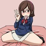  ass_visible_through_thighs black_legwear blazer blush bow breasts brown_eyes brown_hair condom condom_in_mouth glasses gundam gundam_build_fighters hairband highres jacket kneehighs kousaka_china mouth_hold no_panties rountain school_uniform semi-rimless_eyewear skirt small_breasts solo spread_legs thick_thighs thighs 