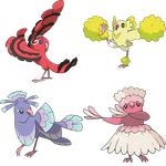  bird cheerleader commentary dancing fan_dancing feathers full_body gen_7_pokemon highres multiple_persona no_humans official_art open_mouth oricorio pokemon pokemon_(creature) pom_poms skirt transparent_background wings 