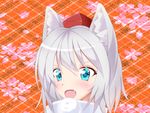  animal_ears blue_eyes blush fang hat inubashiri_momiji looking_at_viewer open_mouth pom_pom_(clothes) short_hair silver_hair solo tokin_hat toraoto touhou wolf_ears 