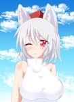  animal_ears bare_shoulders blush breasts detached_sleeves hat inubashiri_momiji large_breasts one_eye_closed pom_pom_(clothes) red_eyes short_hair sideboob silver_hair solo tokin_hat toraoto touhou wolf_ears 