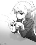  artist_self-insert bags_under_eyes braid coffee dress french_braid glaring greyscale kishin_sagume looking_at_viewer monochrome no_jacket shaded_face shikushiku_(amamori_weekly) short_hair single_wing solo tired touhou upper_body waking_up when_you_see_it wings 