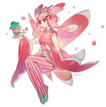  ^_^ artist_name bare_shoulders closed_eyes colored_stripes detached_sleeves fomantis full_body gen_7_pokemon hairband holding japanese_clothes kimono lurantis namie-kun orchid_mantis pantyhose personification petals pink_hair pink_legwear pokemon pokemon_(creature) praying_mantis red_eyes sash short_hair short_sleeves simple_background sitting sleeveless sleeveless_kimono solo striped white_background wide_sleeves 