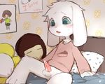  asriel_dreemurr balls bed bedding blanket blue_eyes blush bottomless caprine chara_(undertale) clothed clothing cum cum_on_penis erection goat male mammal monster open_mouth penis pillow pinknuss plushie protagonist_(undertale) shirt sitting solo tapering_penis undertale video_games 