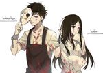  1girl apron bad_id bad_pixiv_id bags_under_eyes bangs black_hair black_sclera blood blood_on_arm blood_on_face bloody_clothes breasts chain character_name collarbone cuffs dripping ekita_xuan hockey_mask holding holding_another's_hair holding_mask ichiko_(osomatsu-san) long_hair long_sleeves looking_at_viewer mask matsuno_ichimatsu nightgown no_pupils one_eye_covered osomatsu-kun osomatsu-san purple_eyes shackles shirt short_sleeves simple_background sleeves_past_wrists small_breasts torn_clothes torn_shirt upper_body very_long_hair white_background wide_sleeves 