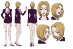  1girl back blonde_hair breasts character_sheet cleavage female full_body hunter_x_hunter large_breasts pakunoda short_hair smile solo 