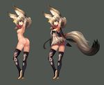  adjusting_hair animal_ear_fluff animal_ears arms_behind_head ass blade_&amp;_soul blue_eyes breasts earrings elbow_gloves gloves grey_background highres jewelry large_tail lyn_(blade_&amp;_soul) medium_breasts mouth_hold multiple_views panties qbspdl simple_background tail underwear variations 