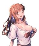  :d breasts brown_eyes brown_hair girls_und_panzer long_hair looking_at_viewer md5_mismatch medium_breasts nipples one_breast_out open_mouth redcomet simple_background smile solo takebe_saori white_background 