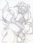  anthro balls bovine circumcised dudebulge facial_piercing foreshortening front_view greyscale hairy half-erect hammer holding_object holding_weapon horn looking_at_viewer mammal monochrome musclegut muscular nipples nose_piercing nose_ring pecs pencil_(artwork) penis piercing portrait tauren three-quarter_portrait tools traditional_media_(artwork) video_games warcraft warhammer weapon 