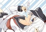  anchor_symbol blue_eyes food hat hibiki_(kantai_collection) kantai_collection kisaragi_yuu_(re:lucks) looking_at_viewer mouth_hold neckerchief open_mouth popsicle school_uniform serafuku silver_hair skirt solo sweat translation_request upper_body 