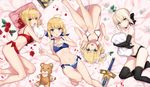  :d absurdres ahoge artoria_pendragon_(all) ass_visible_through_thighs avalon_(fate/stay_night) bare_legs bare_shoulders barefoot black_gloves black_legwear black_panties blonde_hair blue_bra blue_eyes blue_panties bra breasts cleavage collarbone elbow_gloves excalibur fate/extra fate/stay_night fate/unlimited_codes fate_(series) flower gloves green_eyes hair_bun hair_intakes hair_ribbon hand_on_own_chest highres lace lace-trimmed_bra lace-trimmed_gloves lace-trimmed_thighhighs leg_up looking_at_viewer lying medium_breasts multiple_girls navel nero_claudius_(fate) nero_claudius_(fate)_(all) object_hug on_side open_mouth panties petals red_bra red_panties ribbon saber saber_alter saber_lily shirako_miso side-tie_panties small_breasts smile striped striped_panties stuffed_animal stuffed_toy sword thighhighs topless underwear underwear_only vertical-striped_bra vertical_stripes weapon white_bra white_panties yellow_eyes 