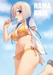  arm_behind_back bikini blue_eyes blue_sky blush breasts character_name cloud collarbone day eating food from_below groin hair_ornament hair_over_one_eye hairclip halter_top halterneck hamakaze_(kantai_collection) kantai_collection large_breasts leg_up mikazuchi_zeus navel open_clothes open_shirt orange_bikini outdoors popsicle sandals shirt short_hair short_sleeves silver_hair sketch sky solo standing standing_on_one_leg striped striped_bikini swimsuit white_shirt 