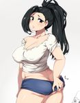  1girl ass ass_grab black_hair boku_no_hero_academia breasts butt_crack cleavage covered_nipples cowboy_shot grabbing_own_ass highres huge_breasts mineta_minoru moisture_(chichi) plump short_shorts shorts sweat yaoyorozu_momo 