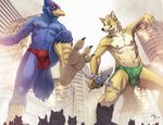  aircraft airplane avian avoid_posting bird bulge canine city clothing falco_lombardi feet fox fox_mccloud kaji_(artist) looking_down low-angle_view macro male mammal nintendo speedo star_fox swimsuit video_games 