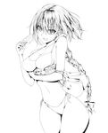  bikini braid breasts cleavage fate/apocrypha fate_(series) food greyscale groin highres jeanne_d'arc_(fate) jeanne_d'arc_(fate)_(all) large_breasts lineart long_braid long_hair long_ponytail monochrome navel popsicle smile solo sweatdrop swimsuit teeth tetsu_(excalibur920) white_background 