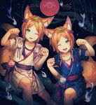  2wink ;3 ;d androgynous animal_ears aoi_hinata aoi_yuuta bangs bead_necklace beads bow brothers chinese_lantern_(plant) clenched_hands ensemble_stars! eyebrows eyebrows_visible_through_hair fang_necklace fangs fire floral_print fox_ears fox_tail green_eyes hair_bow hands_up hitodama japanese_clothes jewelry kimono leaf leaf_on_head looking_at_viewer male_focus multiple_boys necklace one_eye_closed open_mouth orange_hair otoko_no_ko parted_bangs paw_pose revision sash shigaraki_(strobe_blue) short_kimono short_sleeves siblings smile tail tassel twins 