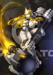  absurdres adapted_costume armor armored_boots armored_dress blonde_hair boots breastplate breasts cleavage gauntlets genderswap genderswap_(mtf) greaves hat headwear highres holding holding_weapon huge_weapon knee_pads large_breasts open_mouth overwatch pauldrons plate_armor reinhardt_(overwatch) shoulder_pads solo teeth thigh_boots thighhighs thrusters warhammer weapon yellow_eyes 