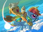  applejack_(mlp) blonde_hair blue_feathers cutie_mark duo earth_pony equine feathered_wings feathers female feral freckles friendship_is_magic fur hair hat horse mammal multicolored_hair my_little_pony pegasus pony rainbow_dash_(mlp) rainbow_hair rangelost_(artist) reins sky wings 