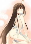  1boy androgynous apron ass back blush brown_eyes brown_hair cowboy_shot crossdressing frills from_behind fuuchouin_kazuki getbackers hair_ornament hair_tubes jingle_bell knee_up long_hair looking_at_viewer lowres male_focus naked_apron papillon10 parted_lips ribbon simple_background solo trap very_long_hair 