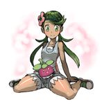  1girl bounsweet green_eyes green_hair mao_(pokemon_sm) nintendo pokemon pokemon_(creature) pokemon_sm shiny_skin sitting smile twintails 