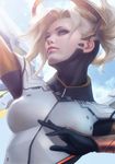  blonde_hair blue_eyes breasts highres looking_up mechanical_halo medium_breasts mercy_(overwatch) overwatch parted_lips realistic solo stanley_lau sunlight upper_body 