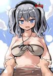  beret blue_eyes breasts cleavage commentary_request grey_hair hat jewelry kantai_collection kashima_(kantai_collection) large_breasts long_hair looking_at_viewer navel necklace open_mouth partially_submerged smile solo_focus swimsuit tsurime tsuzuri_(tuzuri) twintails water whistle 