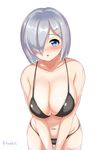  :o bikini black_bikini blue_eyes blush breasts collarbone cowboy_shot hair_ornament hair_over_one_eye hairclip hamakaze_(kantai_collection) kantai_collection kurokku large_breasts looking_at_viewer navel short_hair silver_hair simple_background solo stomach swimsuit thigh_gap twitter_username v_arms white_background 