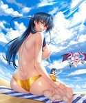  3girls ^_^ aqua_eyes ass bare_legs bare_shoulders barefoot bat_wings beach bikini black_hair blue_hair blush breast_grab breasts chibi cloud covering_breasts demon_girl edited fangs female flying fuuma_tokiko happy huge_breasts igawa_asagi kagami_hirotaka lavender_hair legs lilim_(taimanin_asagi_battle_arena) lilith-soft long_hair looking_at_viewer looking_back multiple_girls open_mouth parted_lips sea shiny_skin sitting sky smile succubus sunlight swimsuit tail taimanin_(series) taimanin_asagi taimanin_asagi_battle_arena thong topless twintails very_long_hair wings 