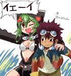  1boy 1girl blush digimon digimon_adventure_02 goggles goggles_around_neck green_hair hood hoodie jacket motomiya_daisuke shinomiya_rina 