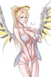  absurdres babydoll bangs bare_arms blonde_hair blue_eyes blush breasts character_name cleavage closed_mouth collarbone covered_nipples covering covering_crotch cowboy_shot eyelashes fingernails front-tie_top high_ponytail highres jewelry large_breasts lingerie long_fingernails long_hair looking_at_viewer mechanical_halo mechanical_wings mercy_(overwatch) multi-strapped_panties navel nipples overwatch panties parted_bangs pendant ponytail ring_necklace see-through signature simple_background smile solo sweat tsuki_no_i-min underboob underwear underwear_only white_background white_panties wings yellow_wings 