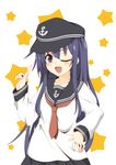  akatsuki_(kantai_collection) anchor_symbol hand_on_hip hat highres kantai_collection kisaragi_yuu_(re:lucks) long_hair looking_at_viewer neckerchief one_eye_closed open_mouth purple_eyes purple_hair red_neckwear school_uniform serafuku skirt smile solo star upper_body 